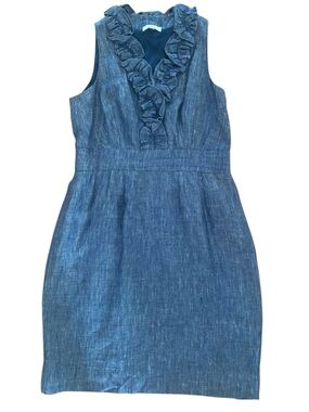 DressBarn 100% Linen Ruffle Neck Sheath Dress Blue Chambray Linen Size 12